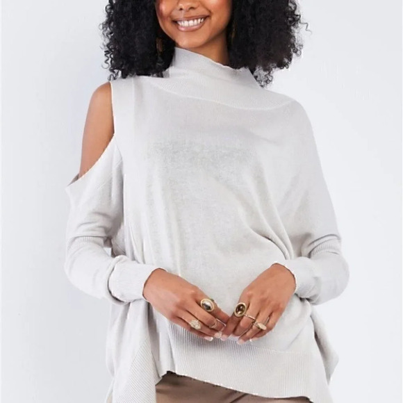 Tops - Silver Peek-A-Boo Shoulder Turtle Neck Swe…